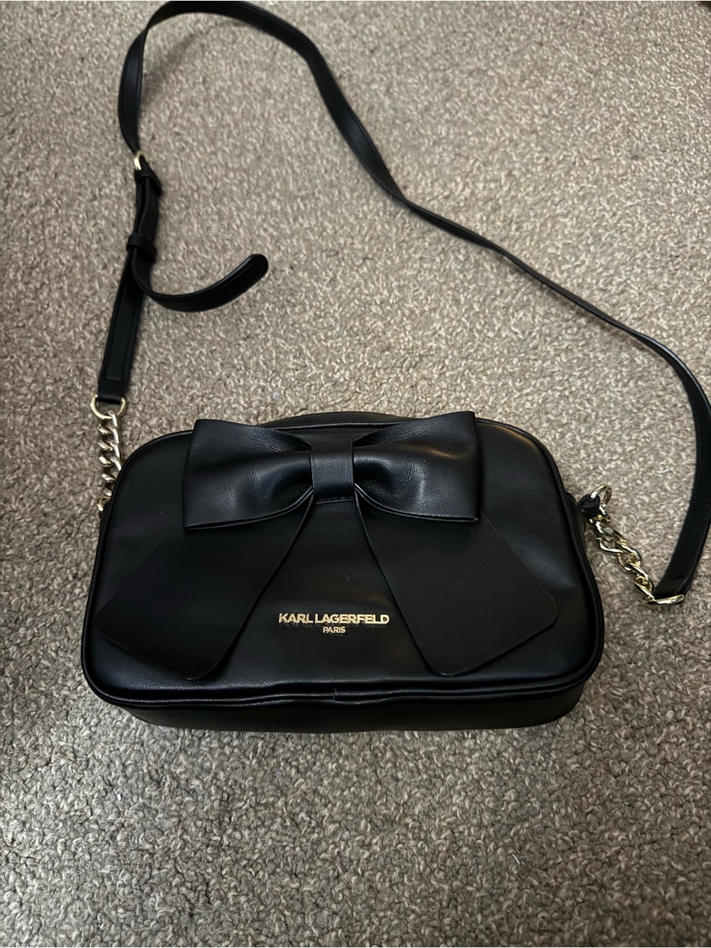 Karl Lagerfeld Black Bow Crossbody Camera Bag with Gold Logo